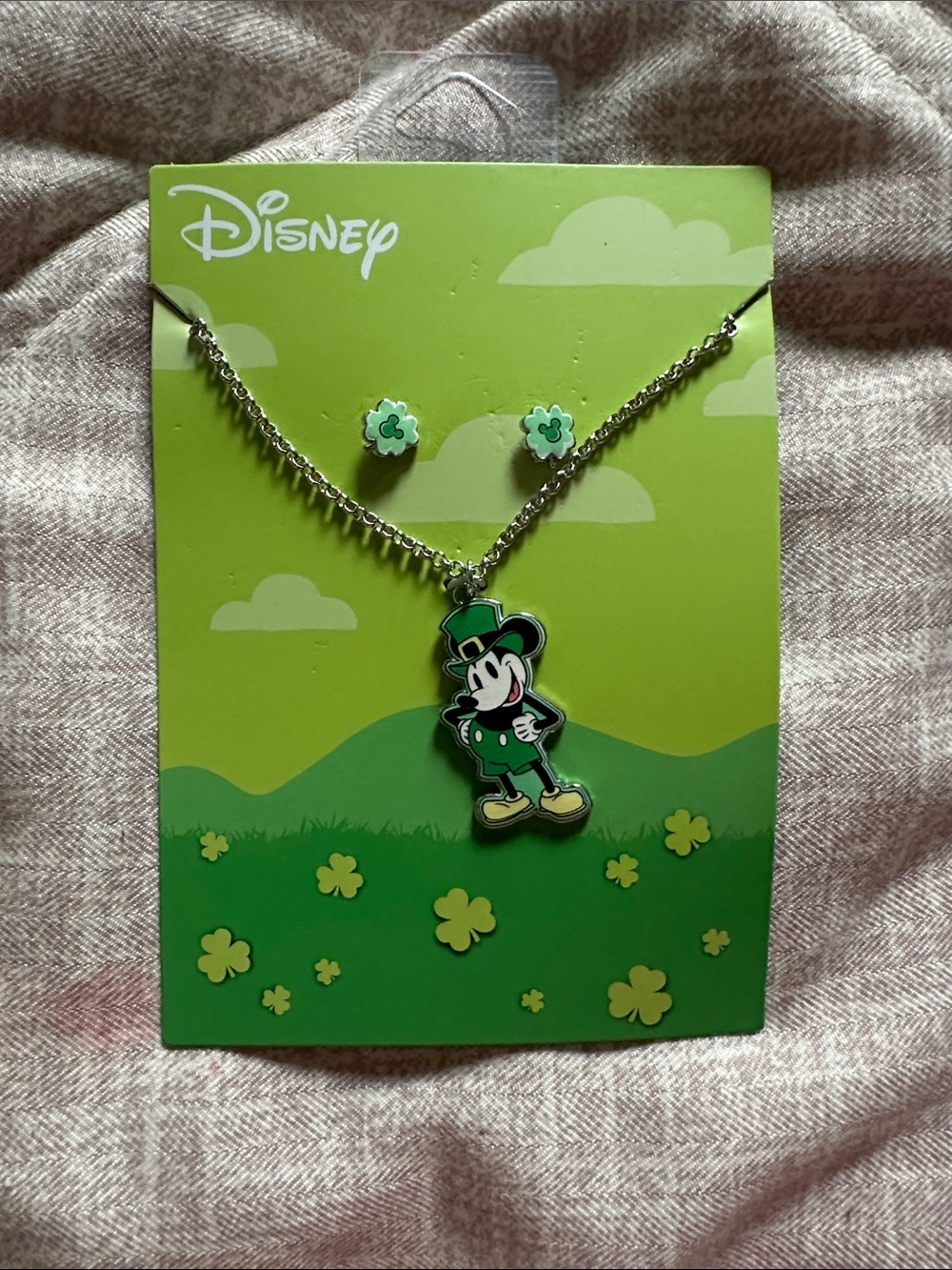 Disney Green Mickey Mouse Shamrock Necklace and Flower Stud Earrings